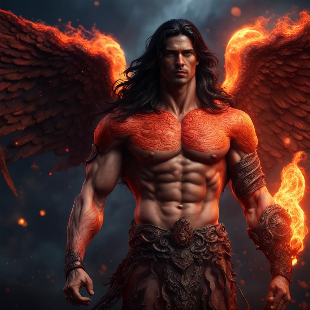 Hyperrealistic Angel in Lava Fire Under Full Moon