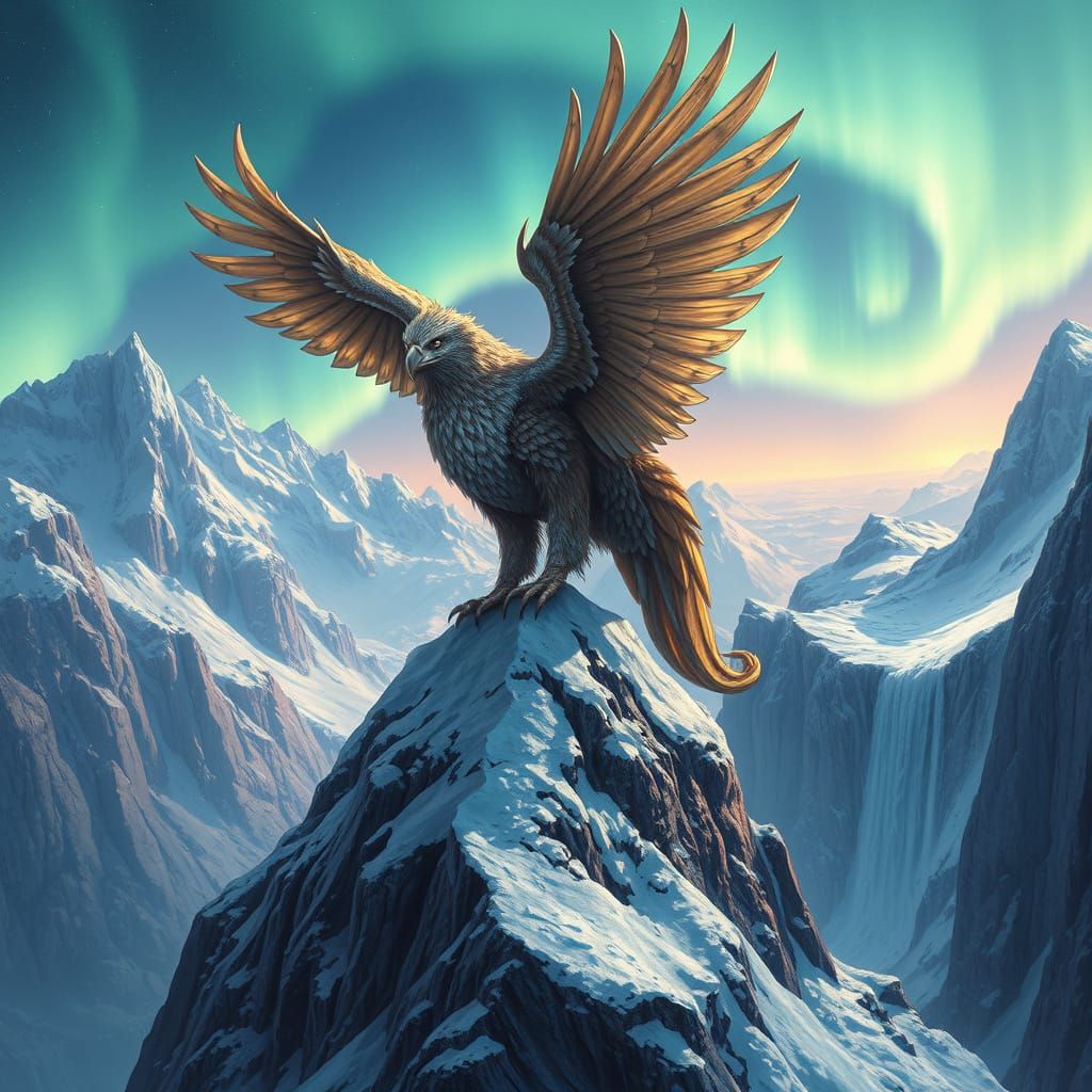 Griffin on Snowy Mountain Under Aurora Borealis