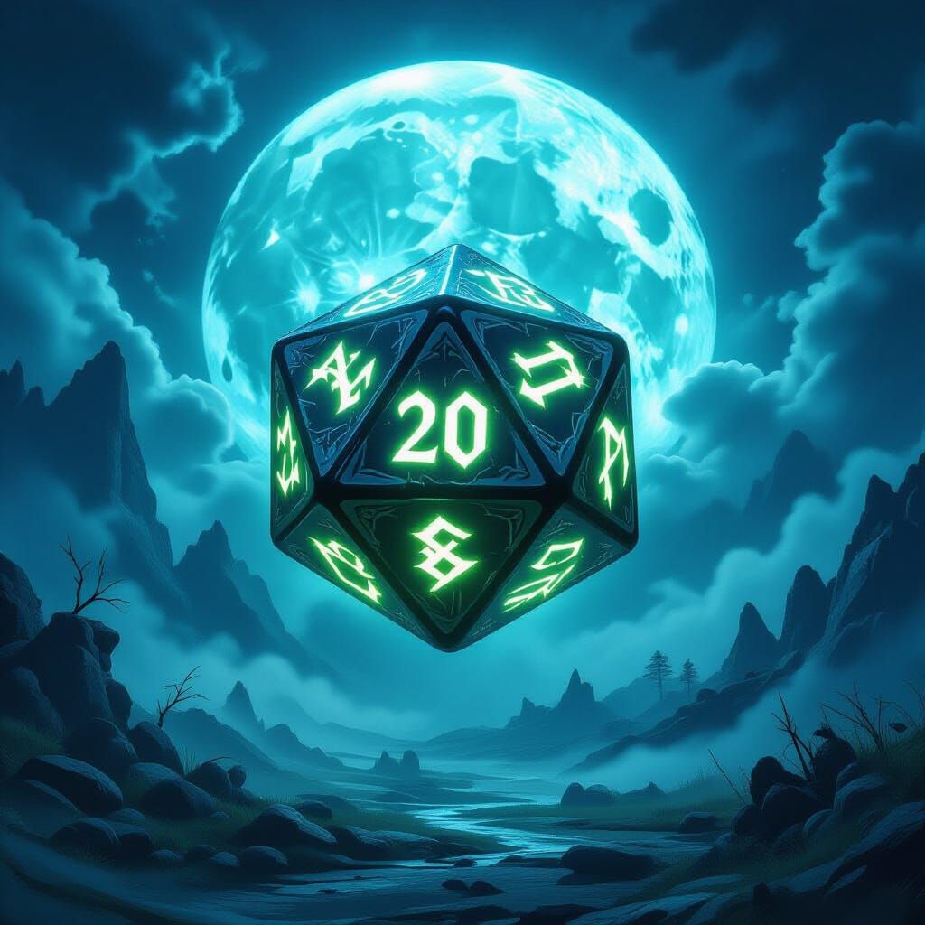 Runed Die Floats Over Dark Fantasy Landscape