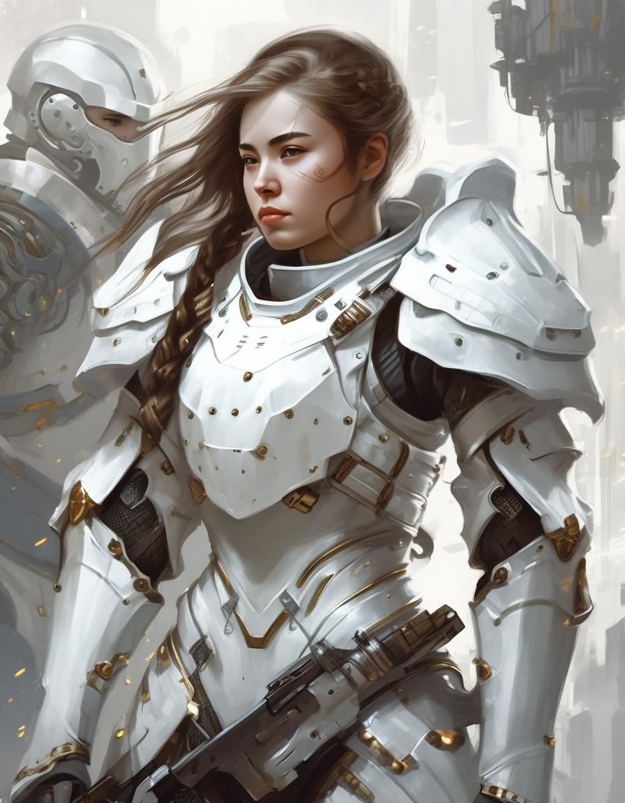 Girl in White Armor with Mechanical Details