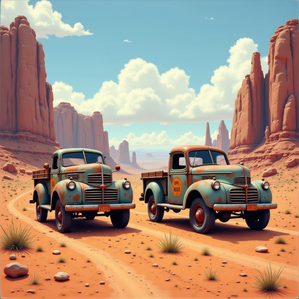 Vintage Pickup Trucks Amidst Majestic Desert Landscapes in W...