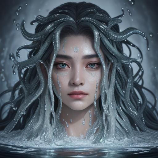 "Realistic portrayal of Medusa emerging from water. Medusa's...