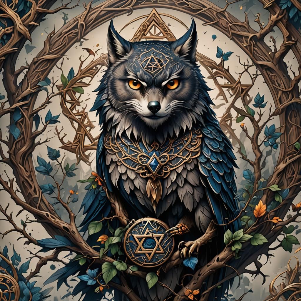 Detailed Tattoo Design: Falcon, Wolf and Owl