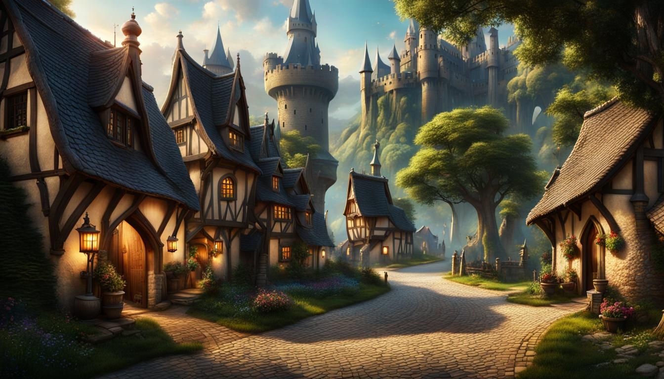 Epic Fantasy Village Scene: Detailed Digital Art