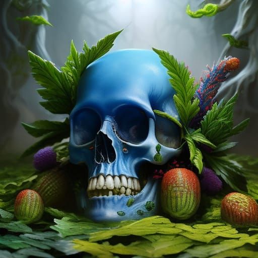 Hyperrealistic Skull with Pot Leaf Beard Oil Painting