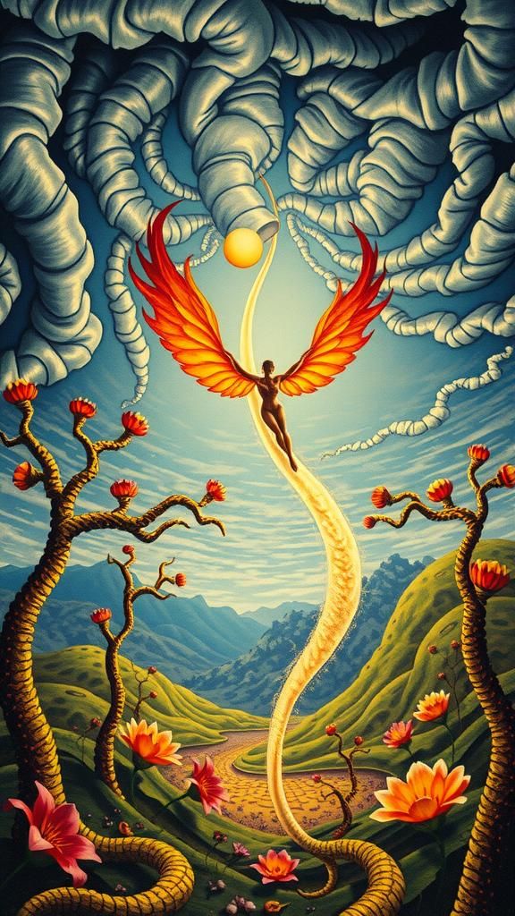 Surreal Landscape with Elastic Flora and Flaming Fairy