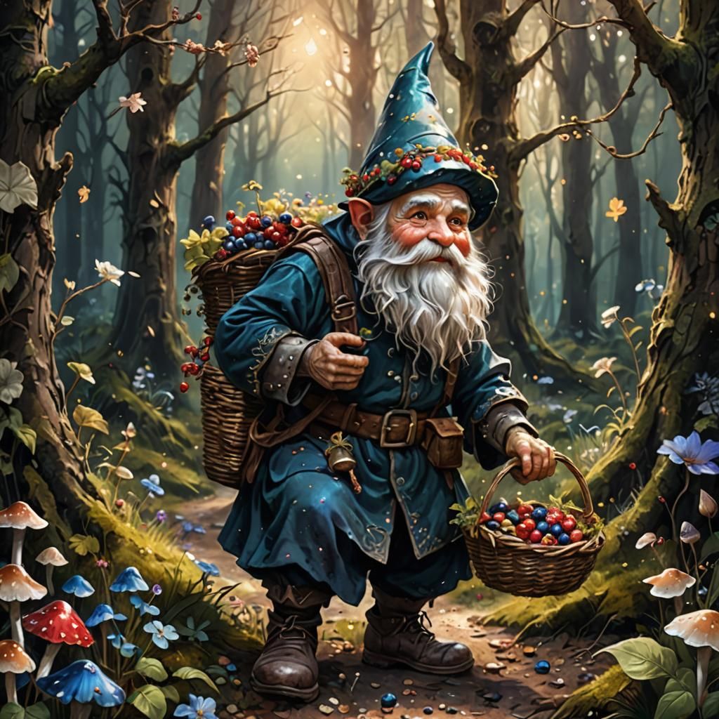 Medieval Gnome Picking Berries in Cottagecore Forest