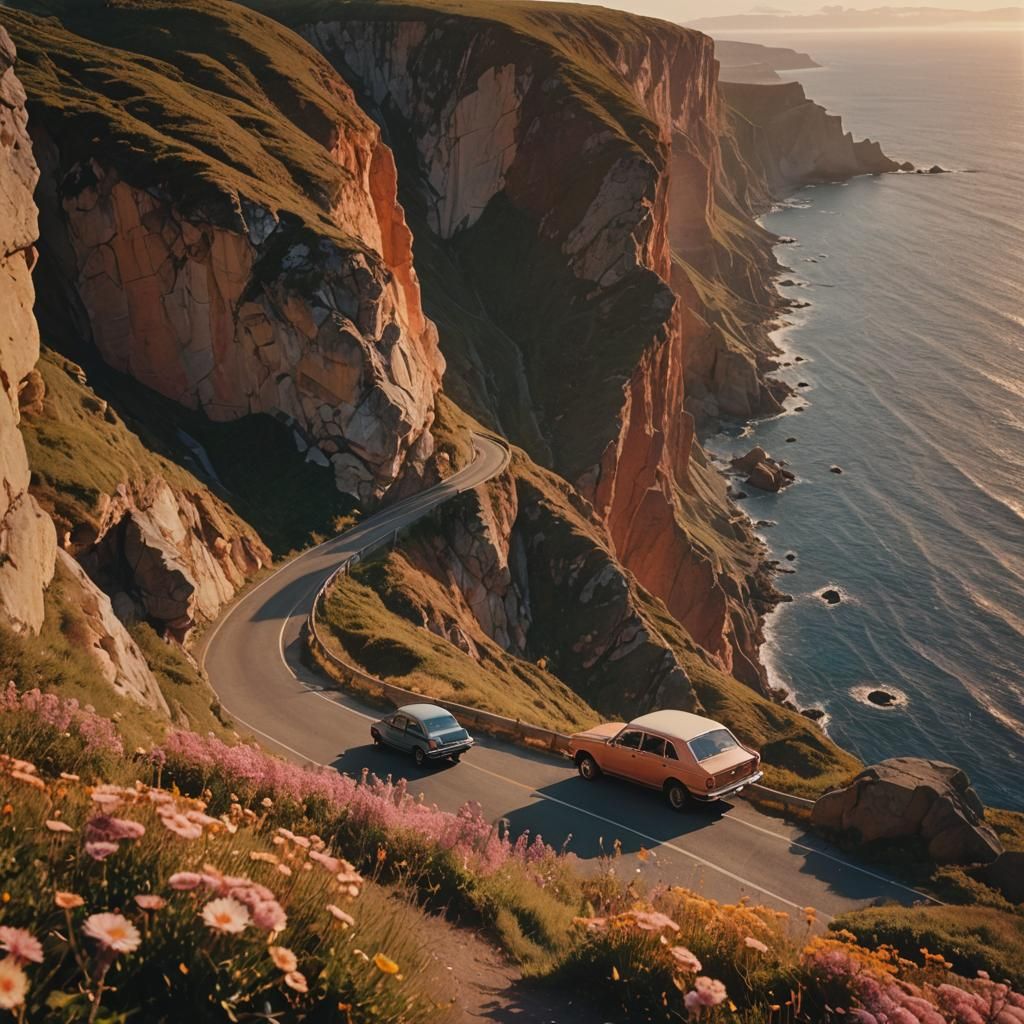 Car on Cliffside Road at Sunset in Cinematic Style