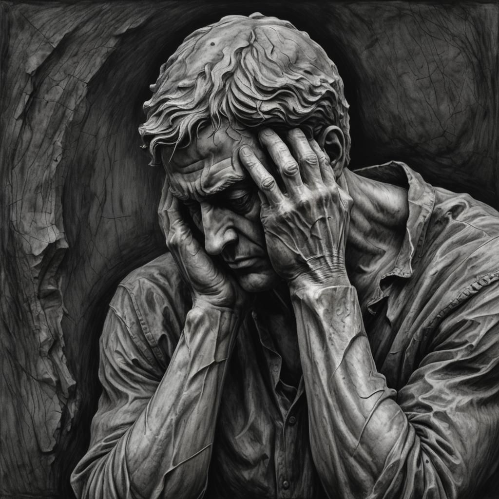 Stone Sculpture of a Depressed Man: Charcoal Drawing