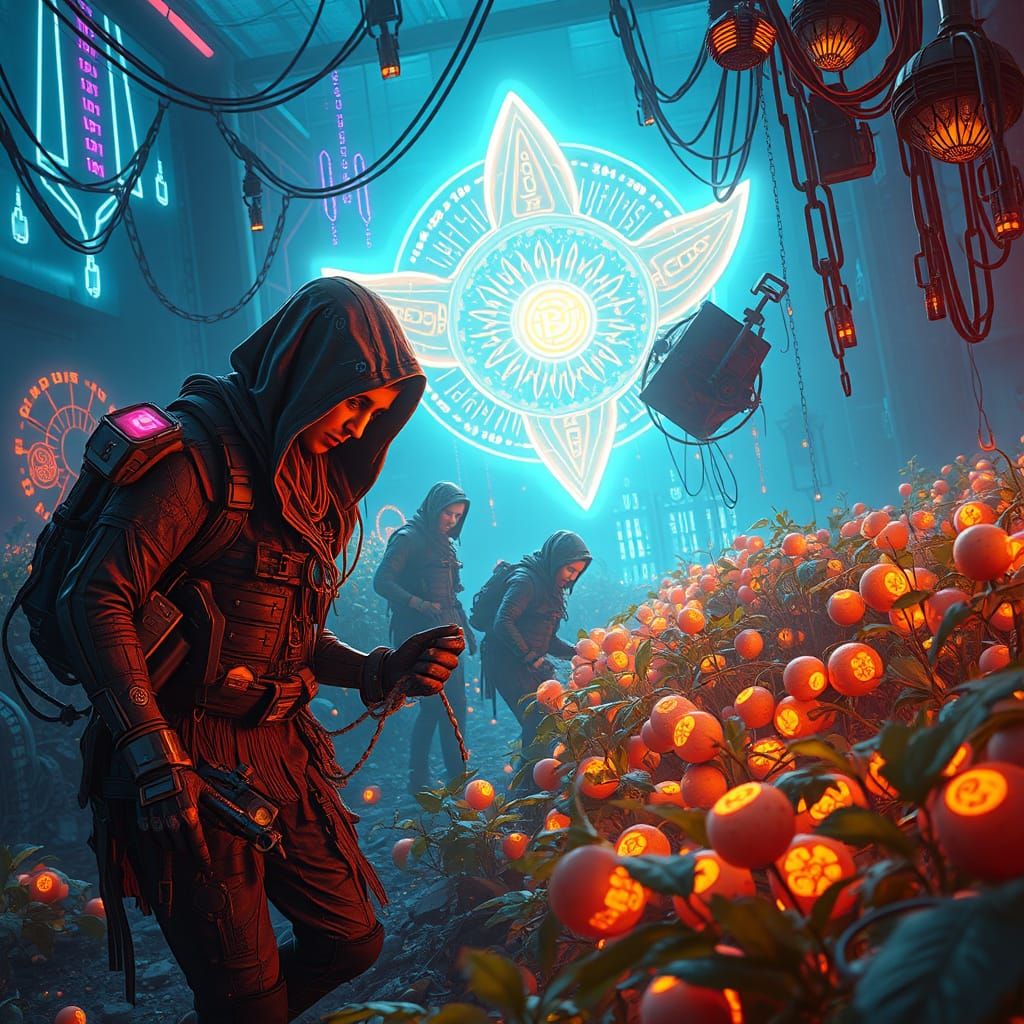 Neon Dystopian Harvesters in Cyberpunk Plantation