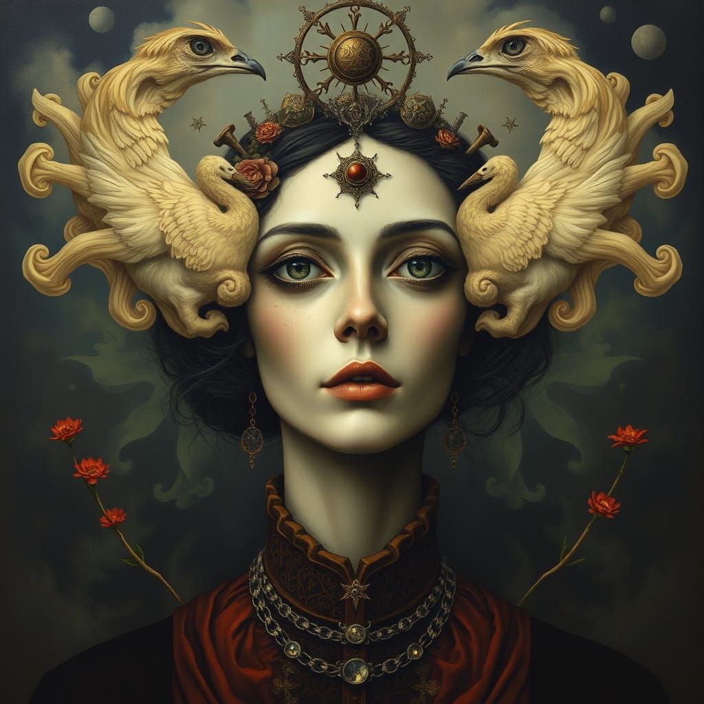 Surrealist Portrait of a Woman with a Double Face in a Muted...