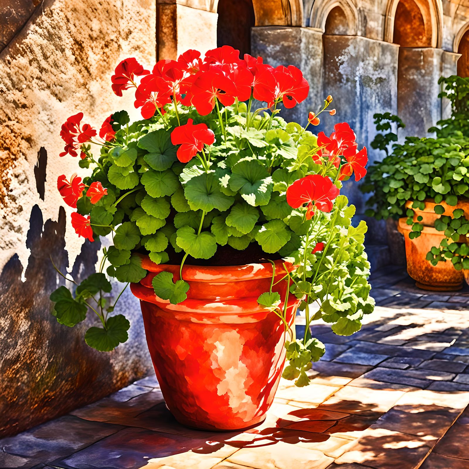 Geranium in Spanish Monastery Garden: Watercolor Illustratio...