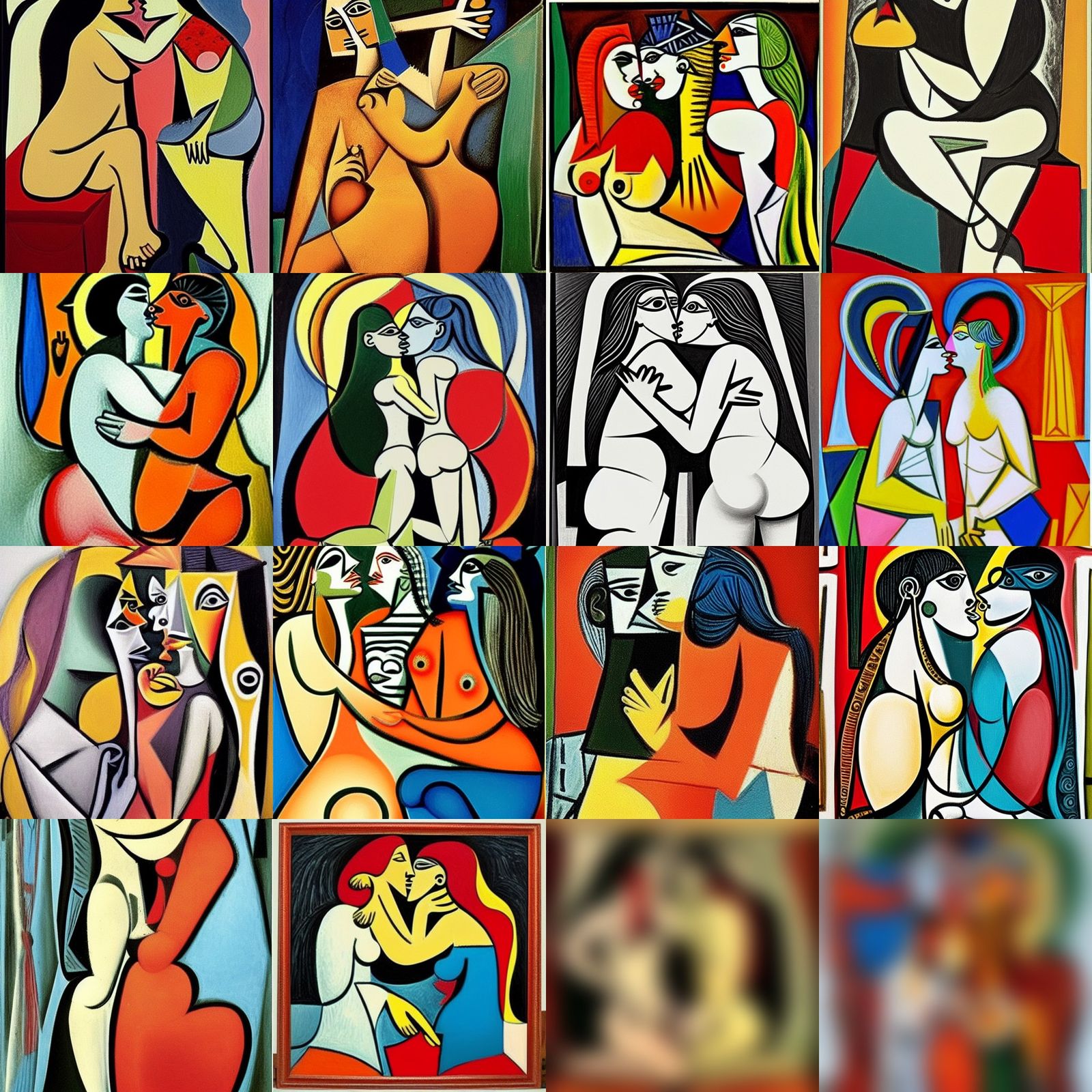 Priestesses Embrace: A Cubist-Style Kiss