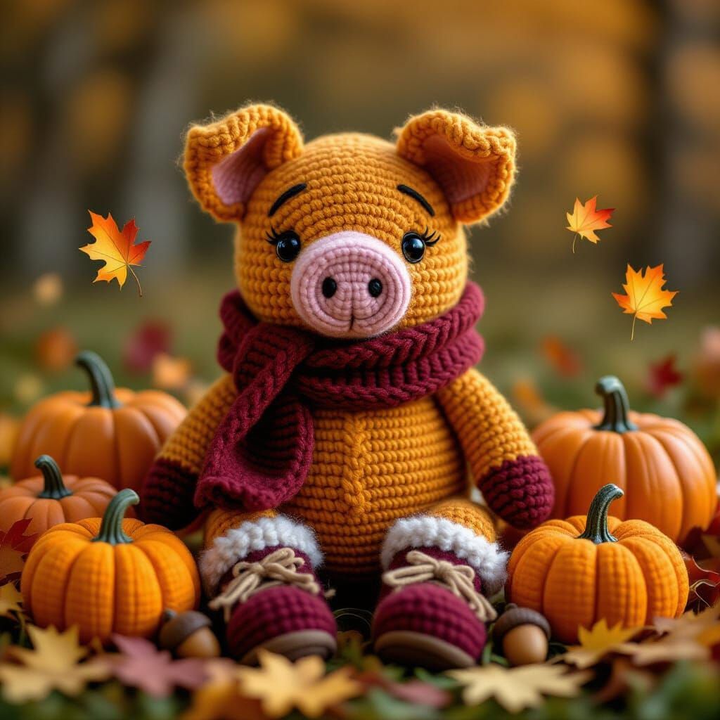 Cozy Crochet Pig in Autumn Colors with Seasonal Accents