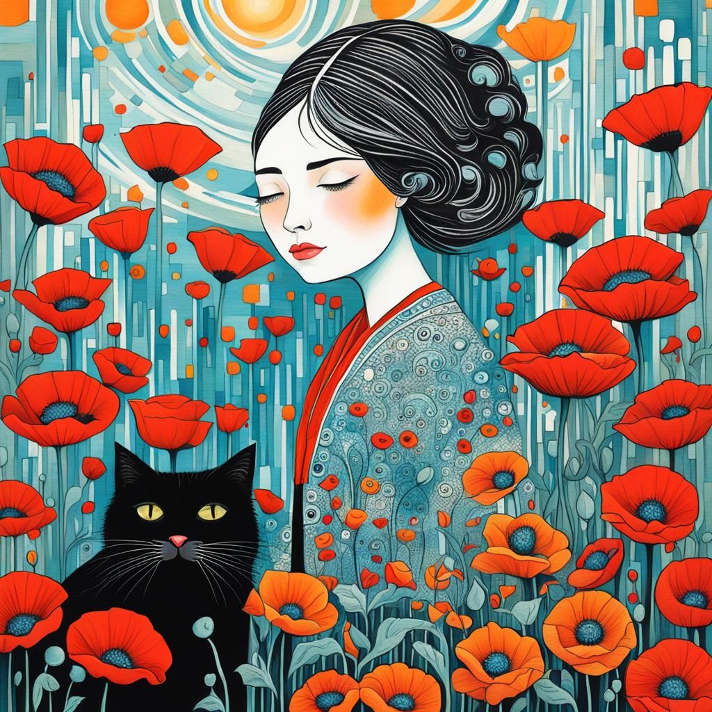 Binary Dream: Lady with Poppies and Cat