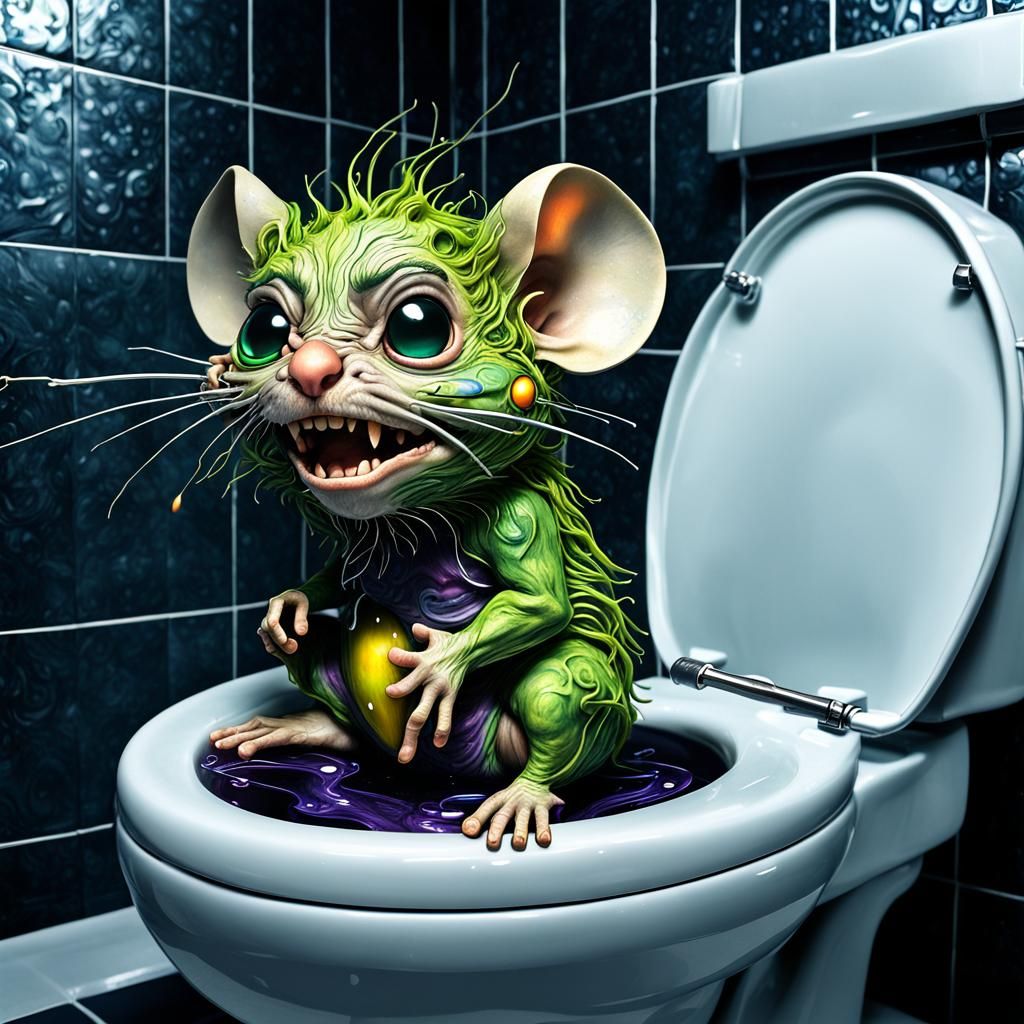 Chibi Mouse on Toilet in Psychedelic Art Style