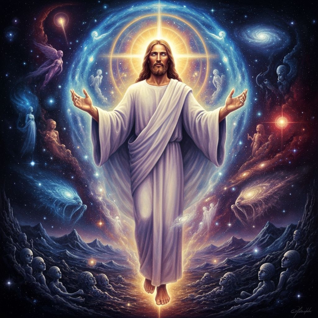 Luminous Jesus Emerges from Cosmic Dust in Visionary Art