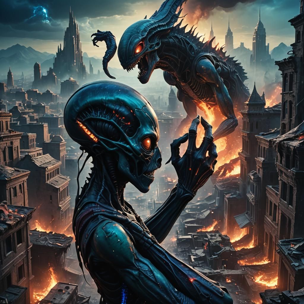 Alien Grasp in Ruined City: Dark Fantasy Art