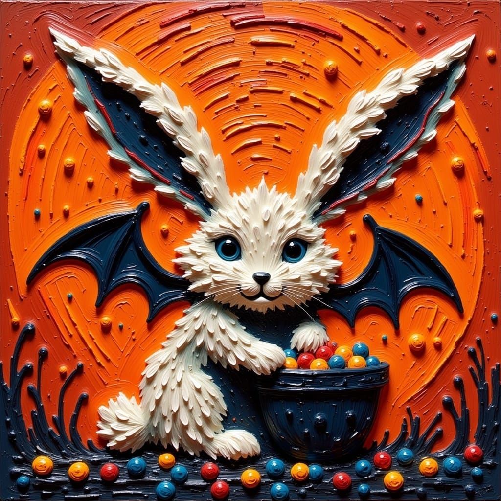 Bunny with Bat Wings in Impasto Acrylic Style