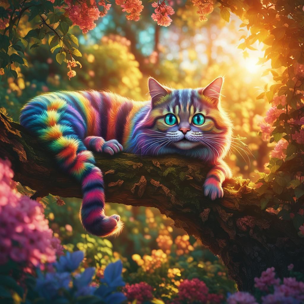 Rainbow Cheshire Cat in English Garden: Digital Art
