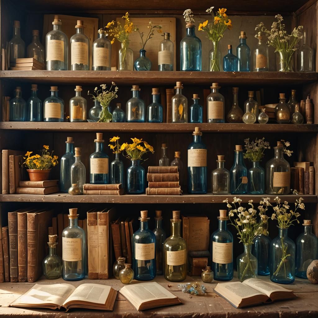 Antique Bottles and Books in Cinematic Light