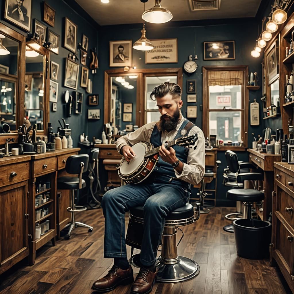 Hairdresser Plays Banjo in Beauty Salon: Hyperrealistic HDR