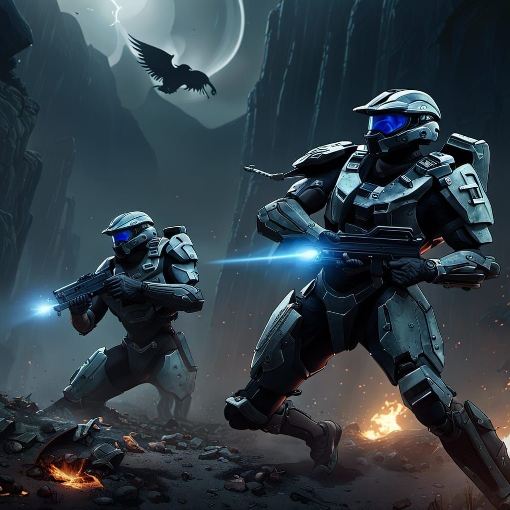 Halo Spartans in Battlefield, Dark Fantasy Art