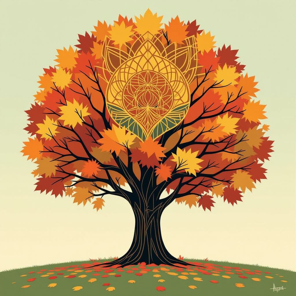 Art Deco Fall Tree with Geometric Patterns