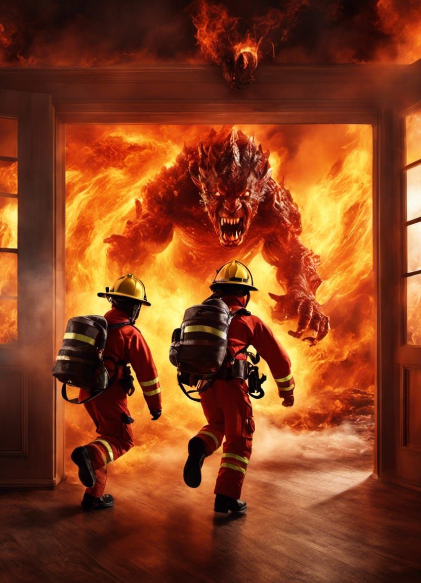 Firefighter Rescue From Fire Demons, Digital Illustration
