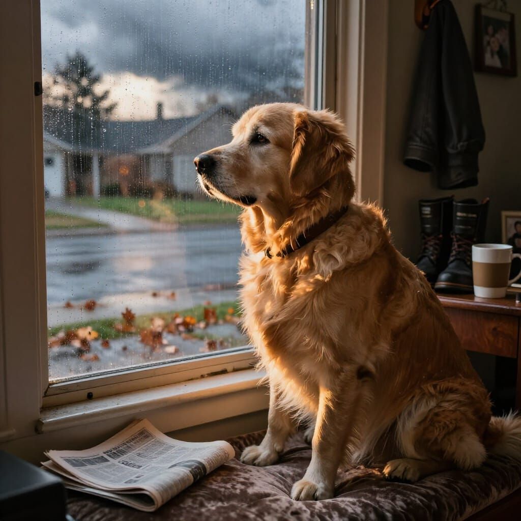Golden Retriever Waits by Rain-Streaked Window