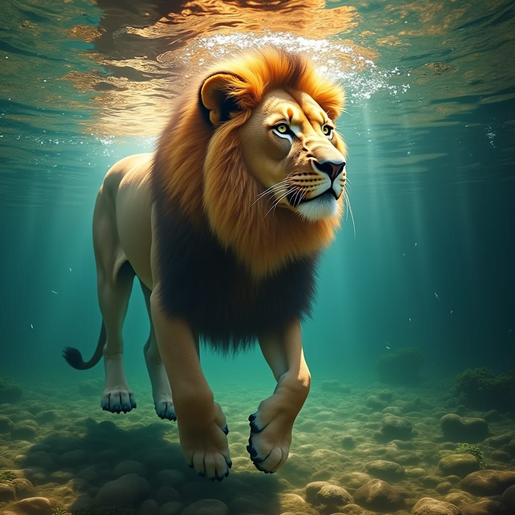 Regal Lion Suspended in Tranquil River Waters, in Hyperreali...