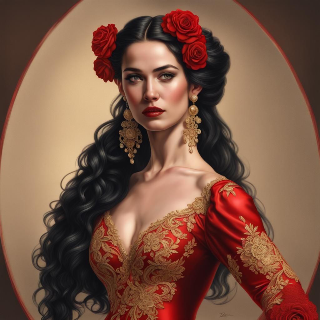Hyperrealistic Spanish Dancer in Red and Gold