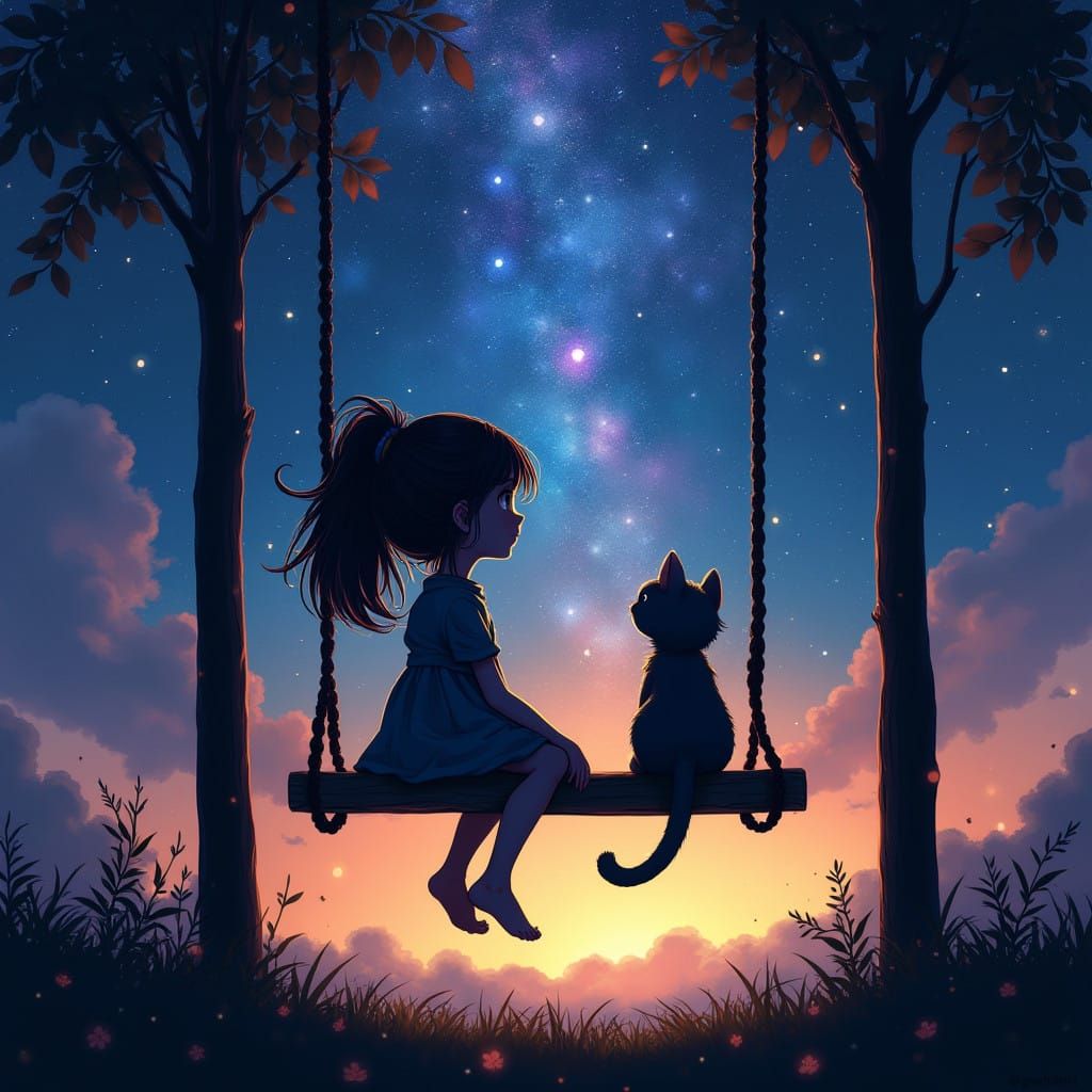 Girl and Cat Share Serene Moment Under Vibrant Starry Night....