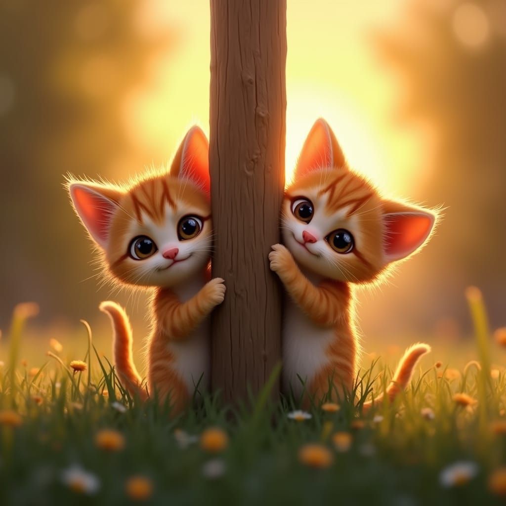Whimsical Pixar Style Kittens Peek Around Wooden Garden Post