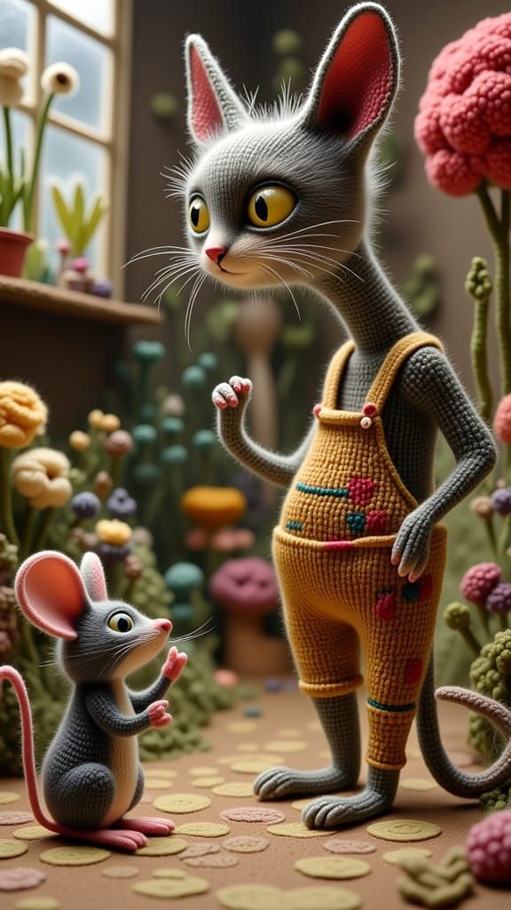 Whimsical Cat and Mouse Storybook Illustration