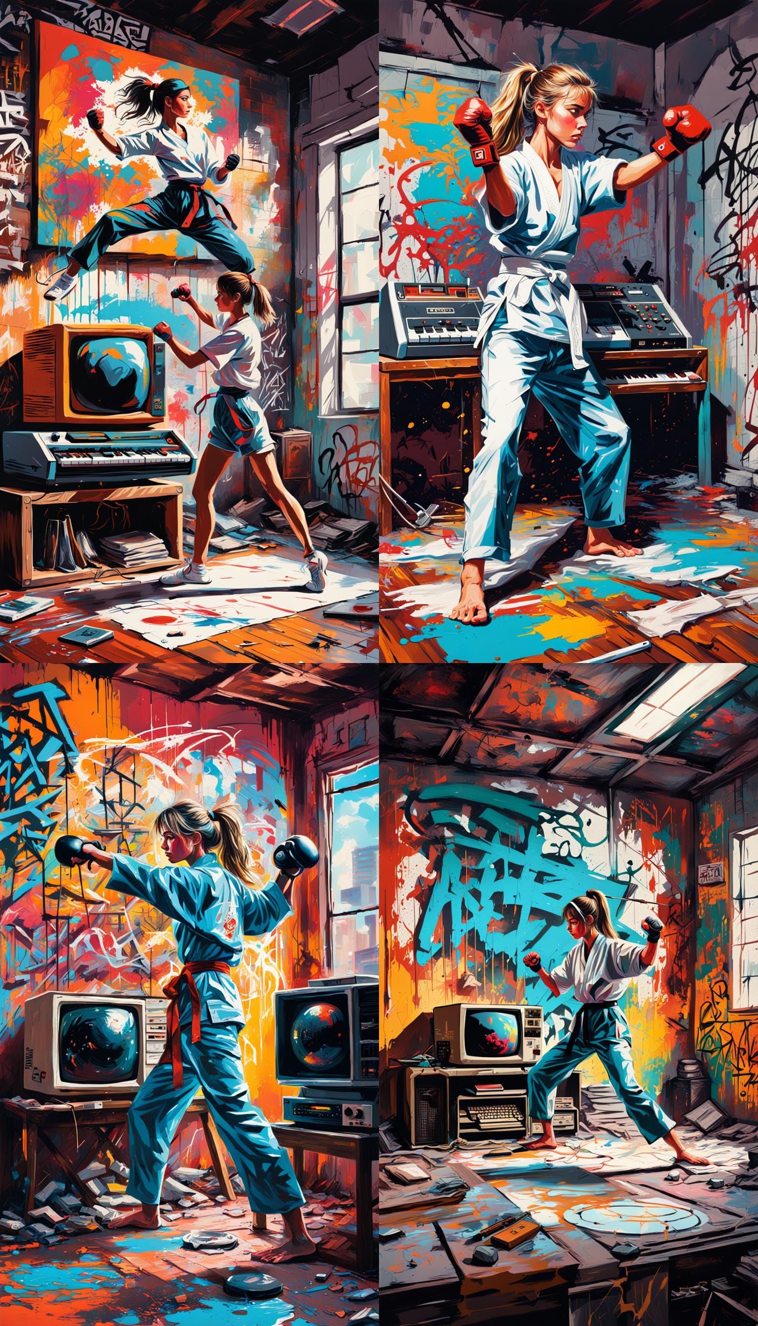 Girl Plays Karateka on Apple IIe in Retro Bedroom