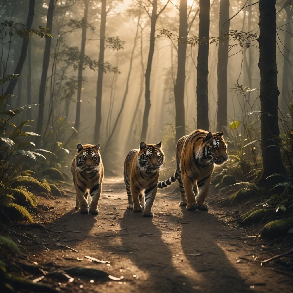 Tabby Cat and Tiger in Misty Forest