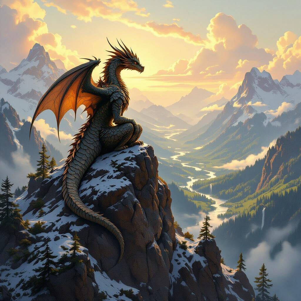 Dragon Surveys Valley in Epic Fantasy Style