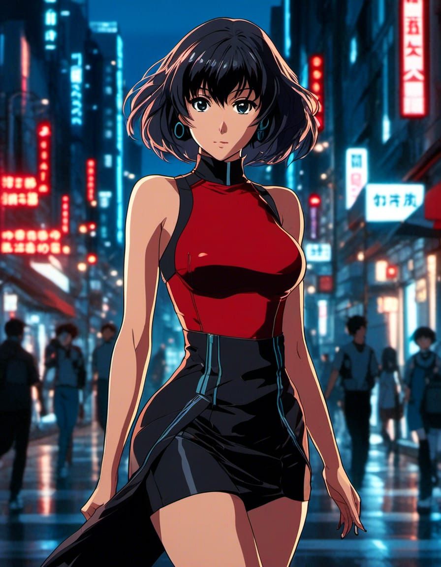 Anime Portrait of Motoko Kusinagi wearing a red with black accents sleeveless evening dress and walking down a brightly ...