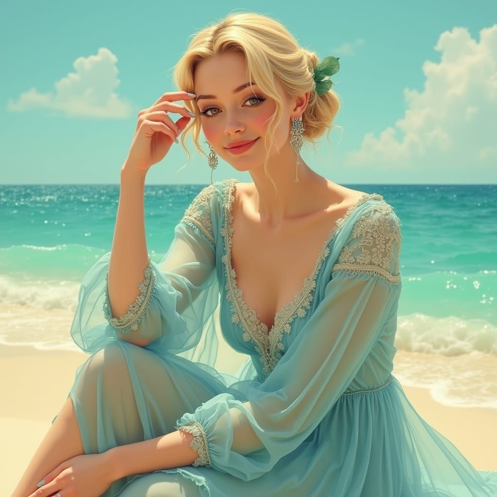 Blonde Woman in Blue Gown, Art Nouveau Style