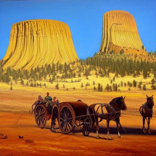 Horse-Drawn Wagon at Devils Tower: Oil Painting
