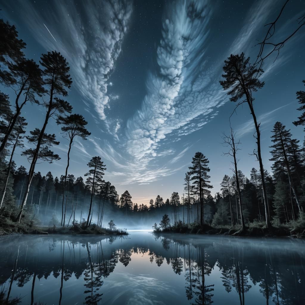Noctilucent Clouds Reflecting in Forest Lake