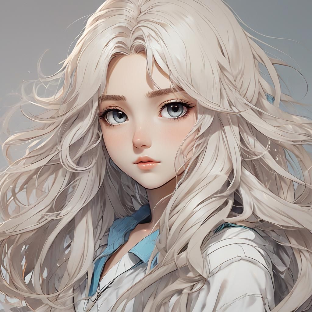 Anime Girl with Long White Hair, Cel-Shaded Art