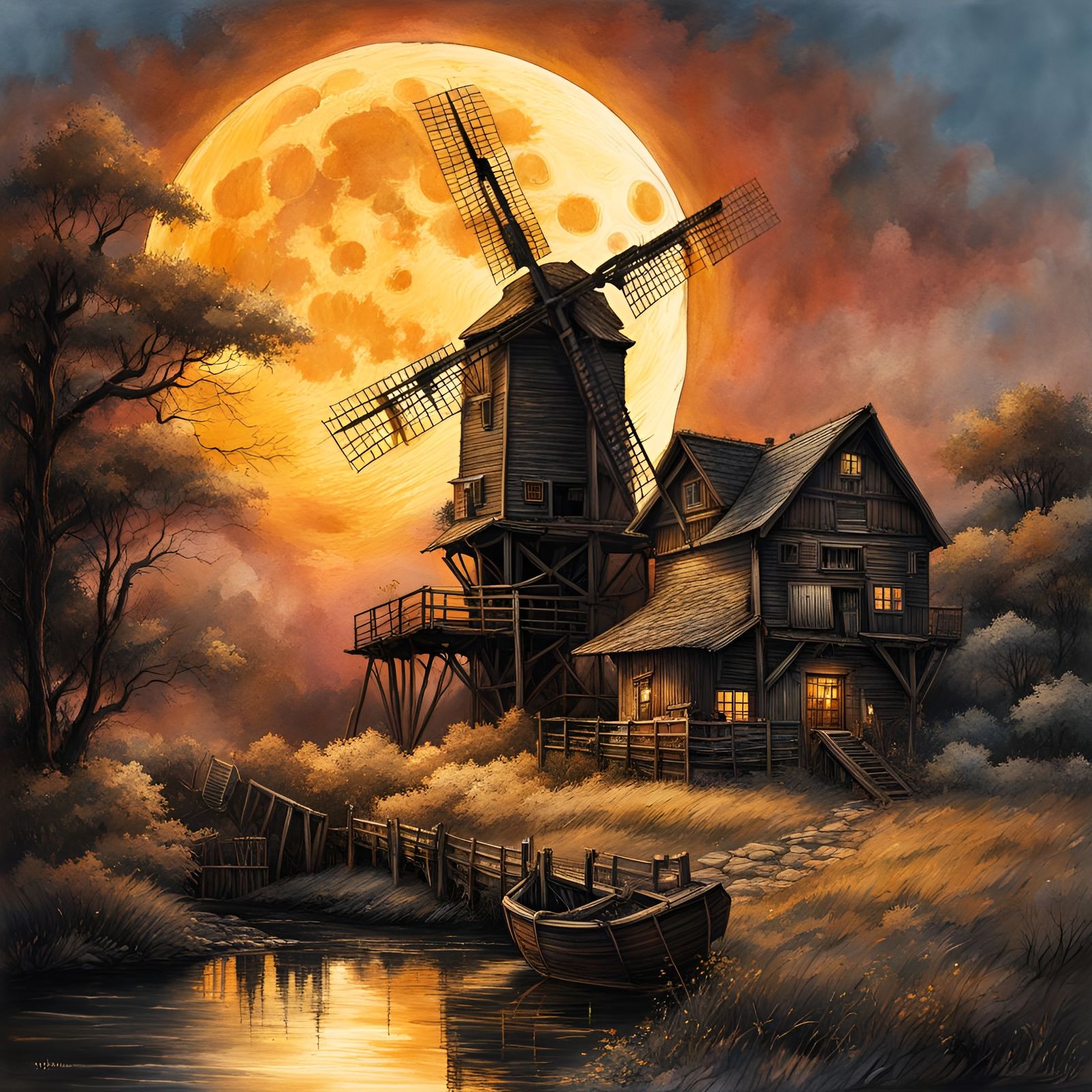 Windmill Under Giant Moon: Watercolor Illustration