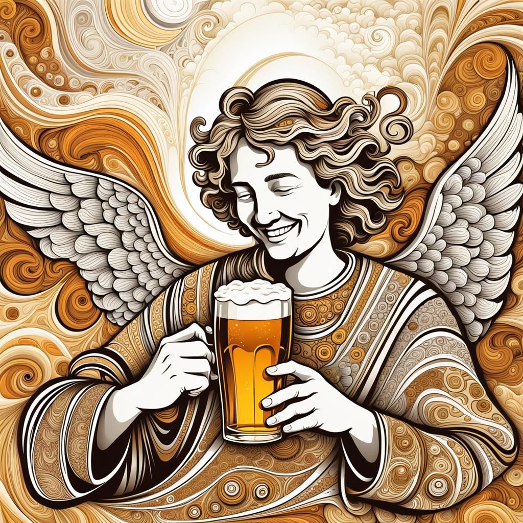Relaxed Angel Sips Beer in Malted Field