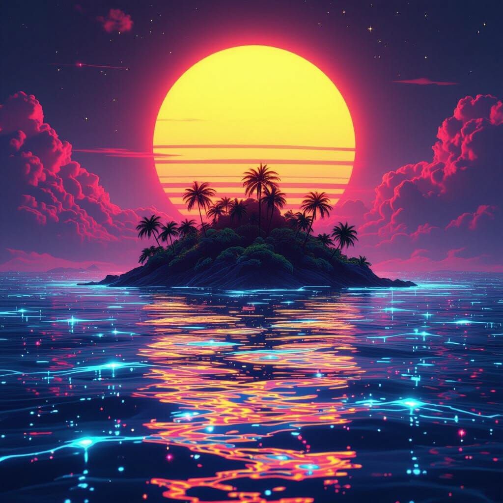 Synthwave Island at Sunset with Bioluminescent Water