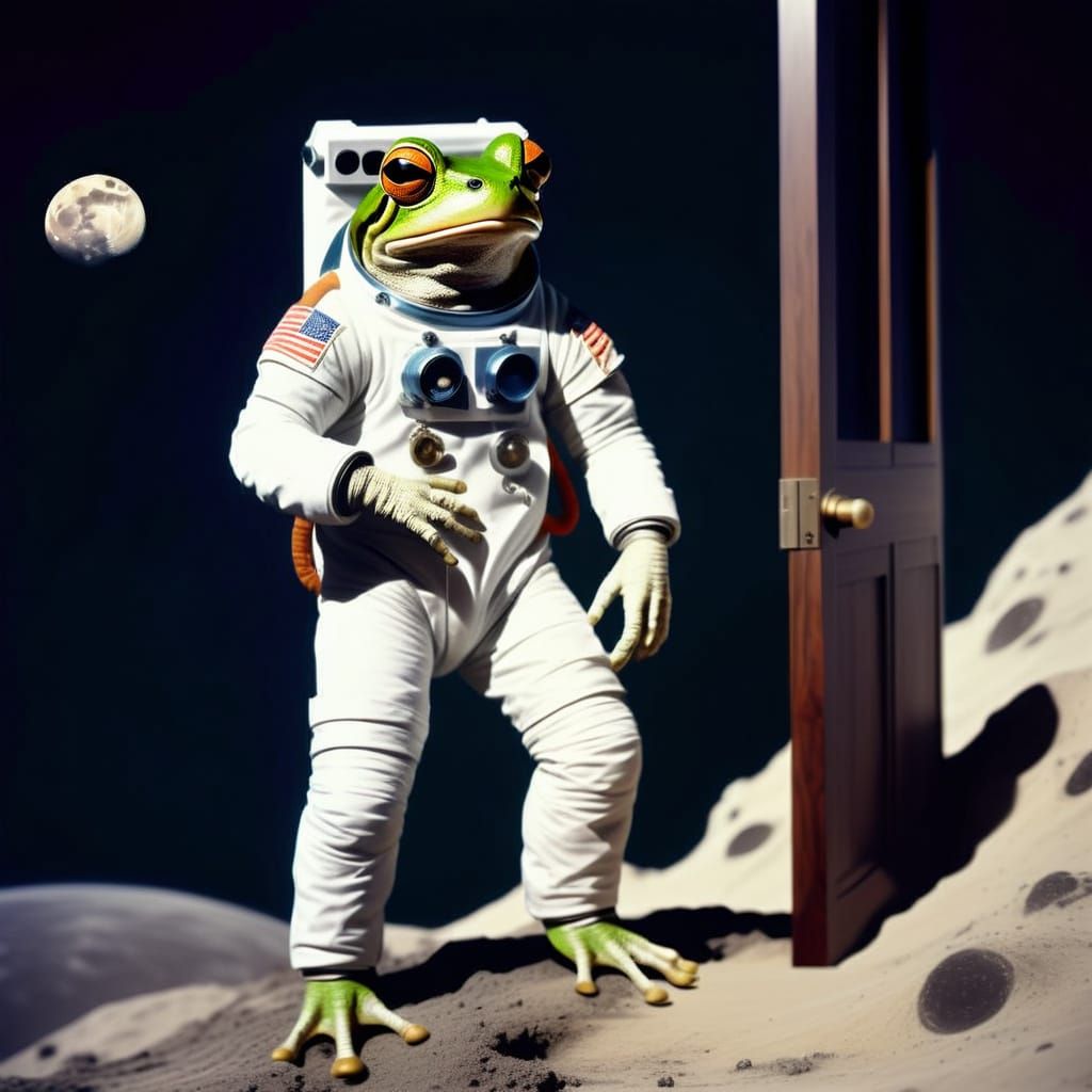 Frog in Spacesuit on Moon in Retro-Futurism Style