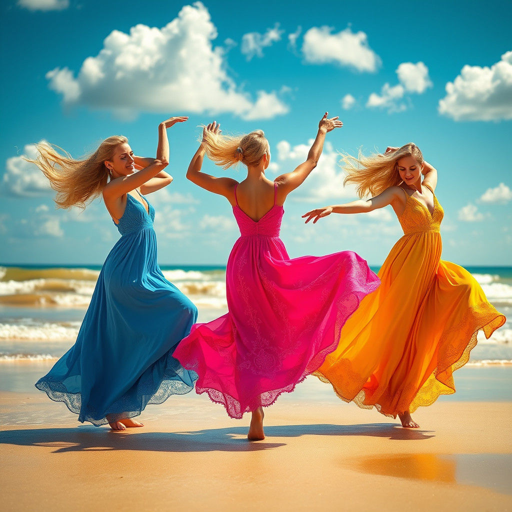 Elegant Women Dancing on Beach in Natural Lighting