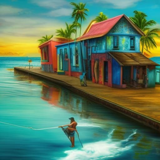 Caribbean Fisherman in Colorful Fantasy Art Style