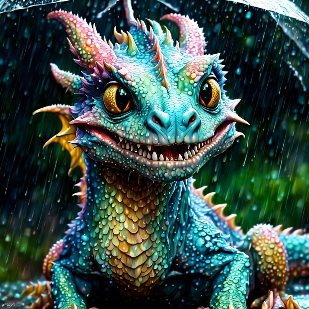 Adorable Pastel Dragon in the Rain, Anime Style